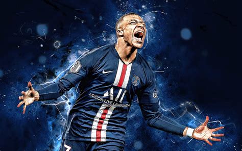 Kylian Mbappe goal 2020 PSG french footballers blue neon lights Kylian Mbappe Lottin soccer joy ...