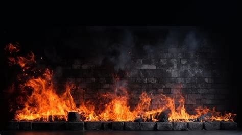 Premium AI Image | Fire with lots of flames in front of dark concrete wall