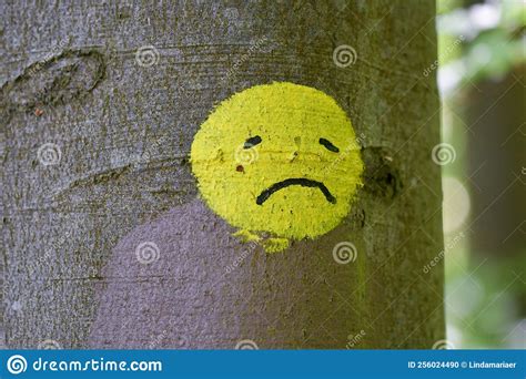 A Sad Yellow Smiley Face Painted on a Tree Stock Photo - Image of angry, cheerful: 256024490