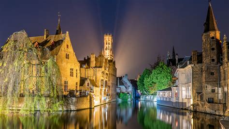 Wallpaper Cities Belgium Rivers Bruges Houses night time 1920x1080