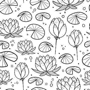 Black And White Water Lily Pattern Doodles Seamlessly Outlined Vector, Water Drawing, Sea ...