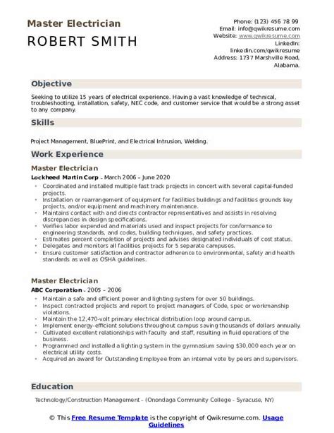 Master Electrician Resume Samples | QwikResume