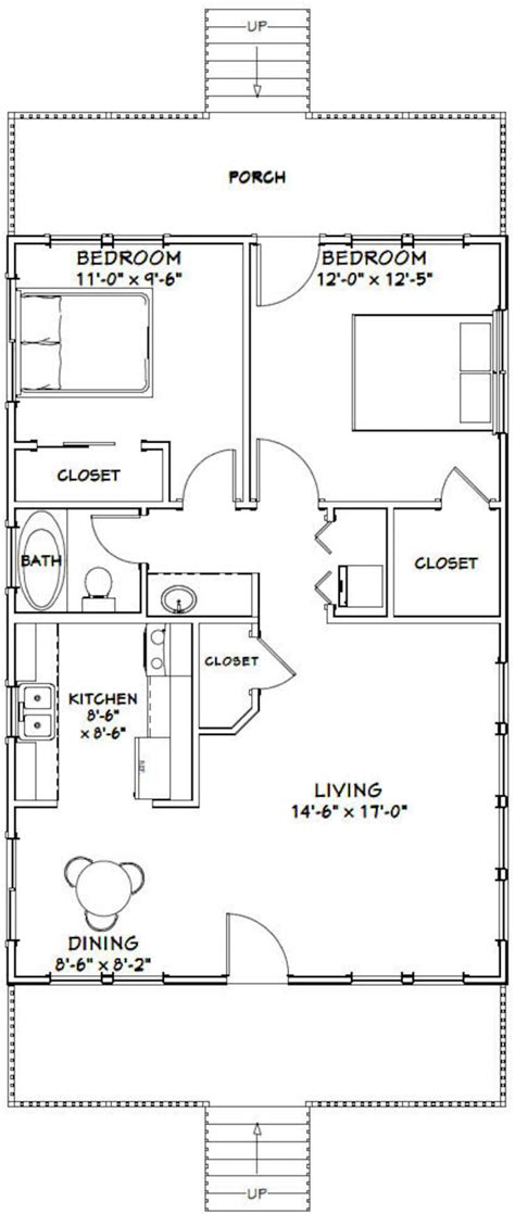24x36 House 2-Bedroom 1-Bath 864 sq ft PDF Floor Plan | Etsy