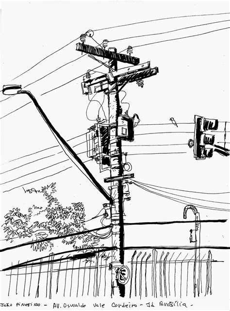 black and white drawing of power lines, street lights and telephone poles with trees in the ...
