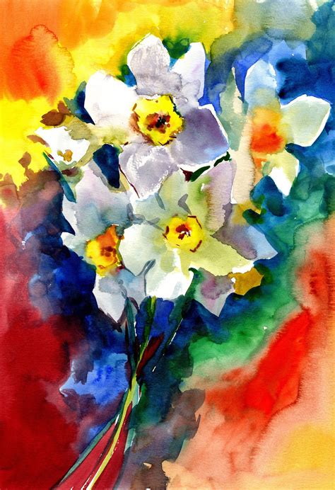 Daffodil Flowers, original watercolor painting, Blue Abstract floral ...