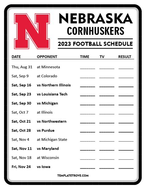 Printable 2023 Nebraska Cornhuskers Football Schedule