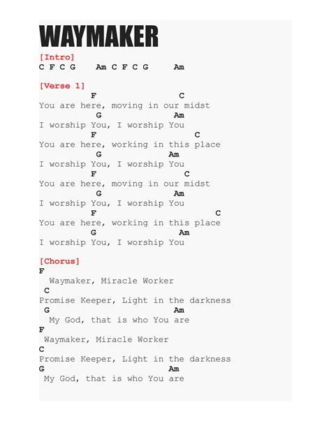 Waymaker 2 - Songs and chords - WAYMAKER [Intro] C F C G Am C F C G Am [Verse 1] F C You are ...