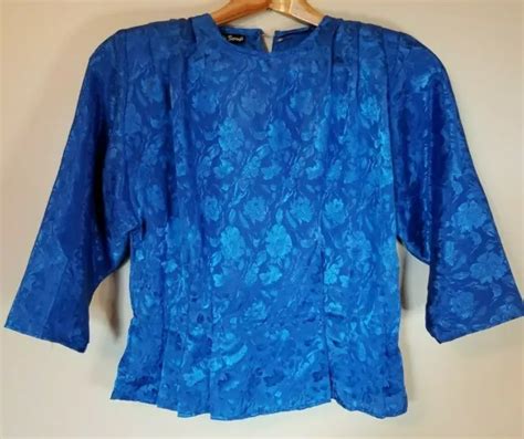 VINTAGE DUCK SOUP Top Blouse Shirt Peplum Hem Blue Shiny Half Sleeve ...