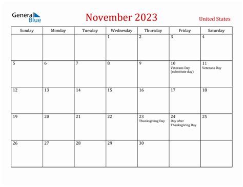 November 2023 United States Monthly Calendar with Holidays