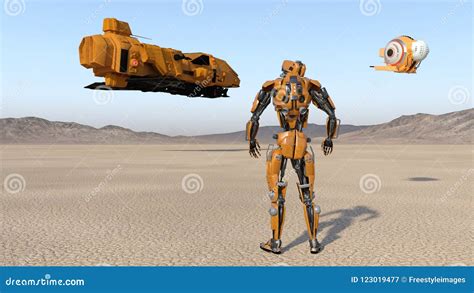 Cyborg Worker with Drone Looking at Flying Spaceship, Humanoid Robot ...