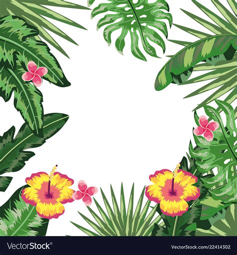 Tropical leaves and flowers background Royalty Free Vector