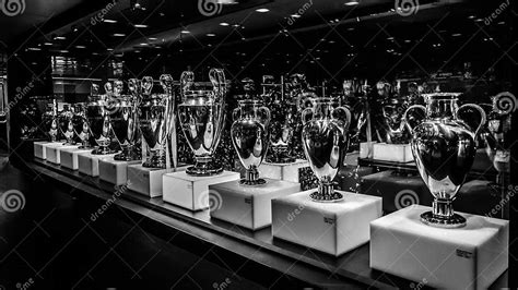 Grayscale Shot of UEFA Champions League Trophies in the Home Stadium of ...