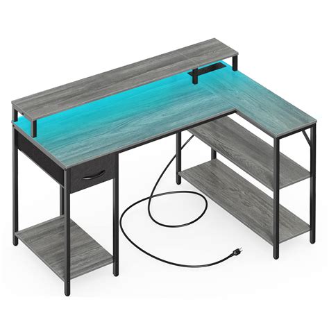 SUPERJARE L Shaped Gaming Desk with LED Lights & Power Outlets, Reversible Computer Desk with ...