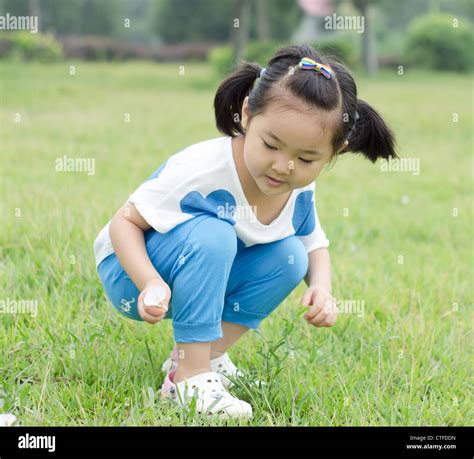 The little girl on the grass flowers Stock Photo - Alamy