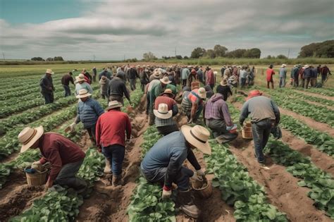 Un grupo de personas trabajando en un campo con un campo de lechuga al fondo. | Foto Premium