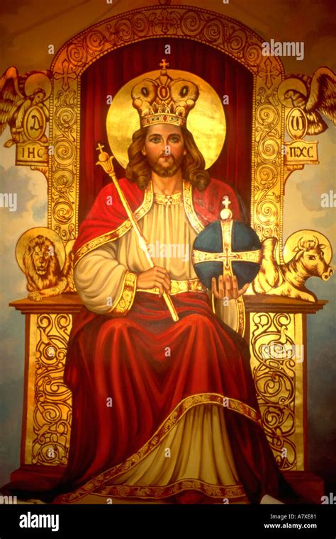 King of kings Jesus sitting on his throne on painting at Coptic Stock ...