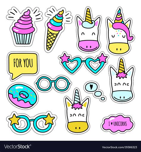 Set of colored unicorn stickers isolated on white Vector Image