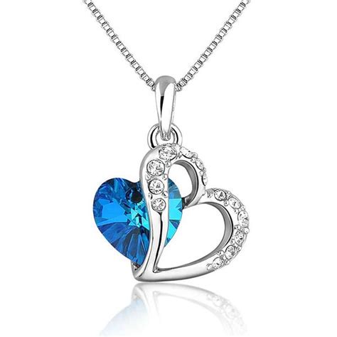 Heart Shaped Crystal Pendant with Silver Plated Necklace - Galaxy Blue ...