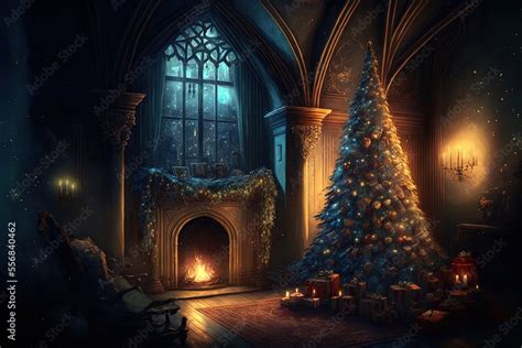 image of a Christmas scene with a tree, gifts, and a fireplace ...