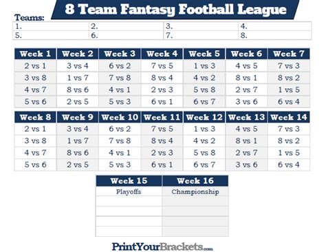 Printable 8 Team Fantasy Football League Schedule