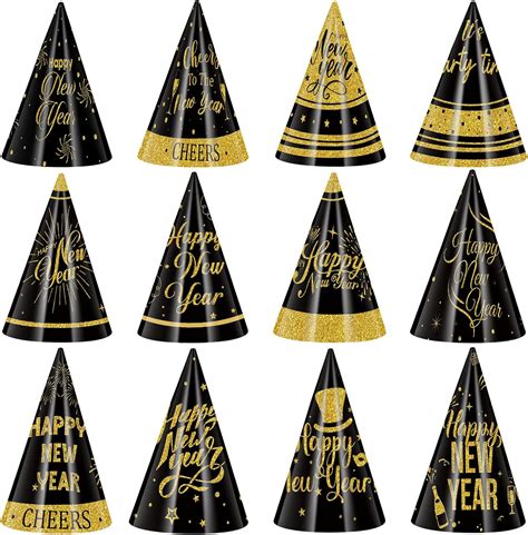 Harrycle 24 Pcs Happy New Year Party Hats 2024 Black with Gold Glitter Paper Cone Hat New Years ...