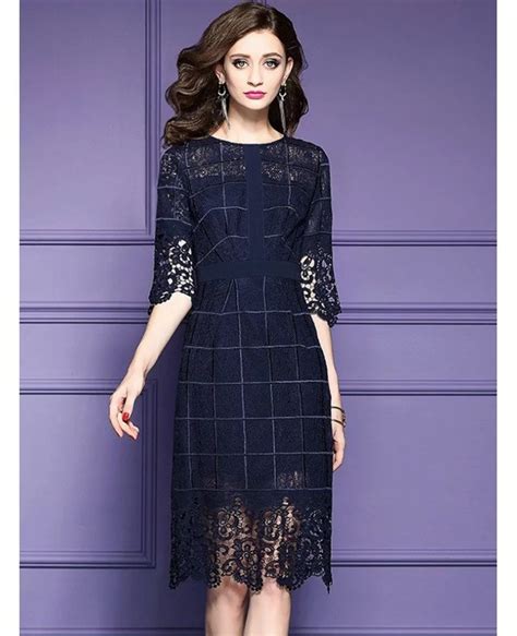 Navy Blue Lace Half Sleeve Short Dress For Weddings #ZL8010 - GemGrace.com