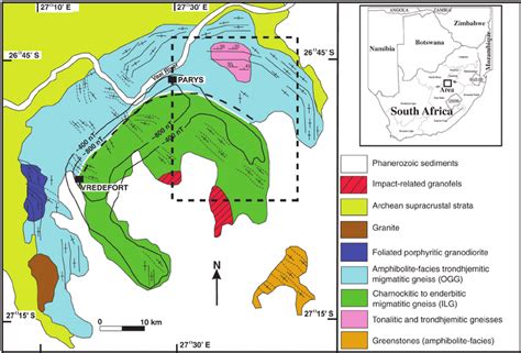 Simplified geology map of the Vredefort dome area (after Lana et al.,... | Download Scientific ...