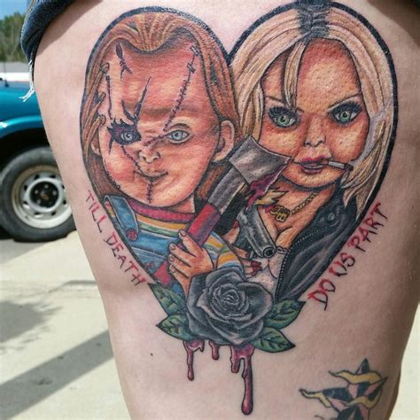 Chucky and Tiffany tattoo I custom designed | Chucky tattoo, Halloween tattoos, Movie tattoos