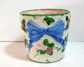 Vintage Ceramic Flower Pot - Cache Pot - Basketweave - Strawberries - Blue Bow - Haldon Group