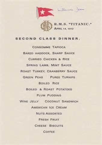 Titanic Second Class Dinner Menu | Curry chicken and rice, Baked haddock, Wine jelly