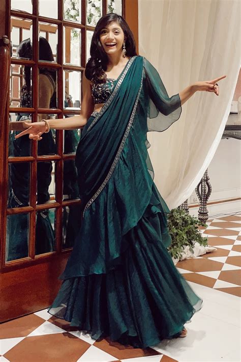 Buy Sanya Gulati Green Organza Pre-draped Ruffle Saree With Blouse ...