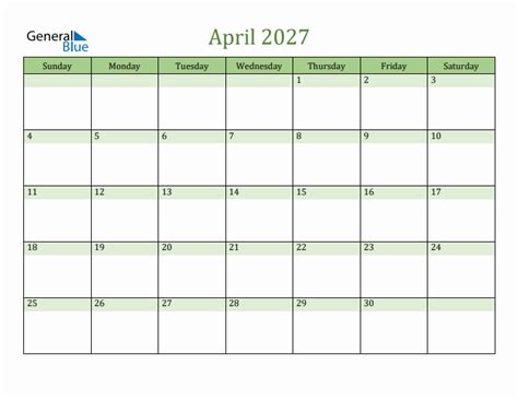 Fillable April 2027 Calendar