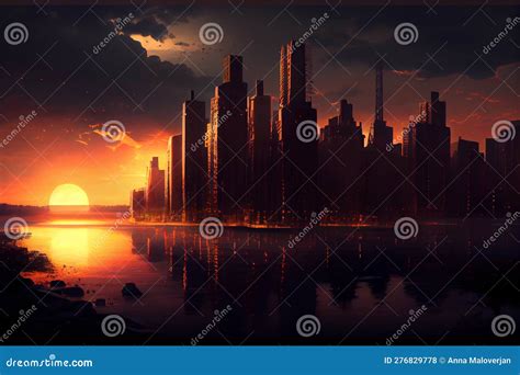 Silhouette of a City in Sunset Stock Illustration - Illustration of ...