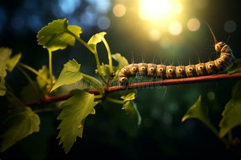 Long Caterpillar Munching on Vibrant Green Leaf, Showcasing Details of Its Tiny Mandibles ...