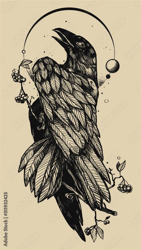 Hand drawn illustration with a Raven or Crow. Tattoo stencil style ...