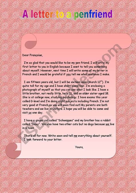 A letter to a penfriend - ESL worksheet by maynou