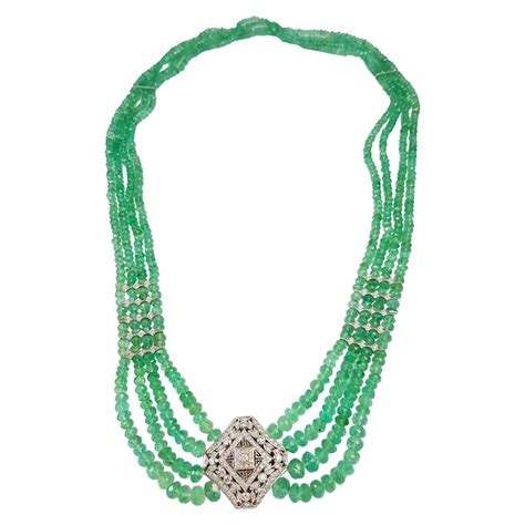 Emerald Beads with Diamond Necklace Set in 18 Karat White Gold Settings For Sale at 1stDibs