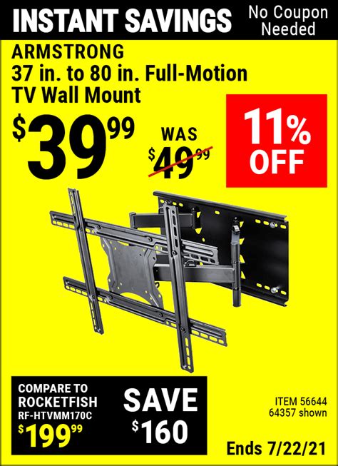 ARMSTRONG 37 in. to 80 in. Full-Motion TV Wall Mount for $39.99 – Harbor Freight Coupons