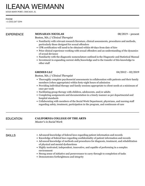 Clinical Therapist Resume Sample