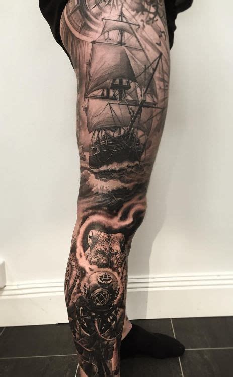 Amazing Nautical Leg Tattoo - InkStyleMag | Nautical tattoo sleeve, Nautical tattoo, Ship tattoo ...