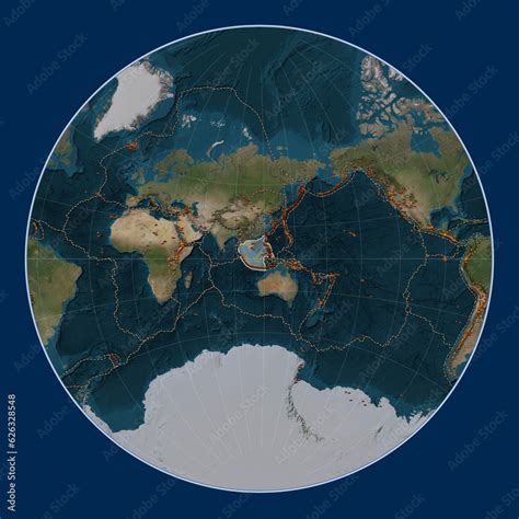 Sunda tectonic plate. Satellite. Lagrange. Volcanoes and boundaries Stock Illustration | Adobe Stock