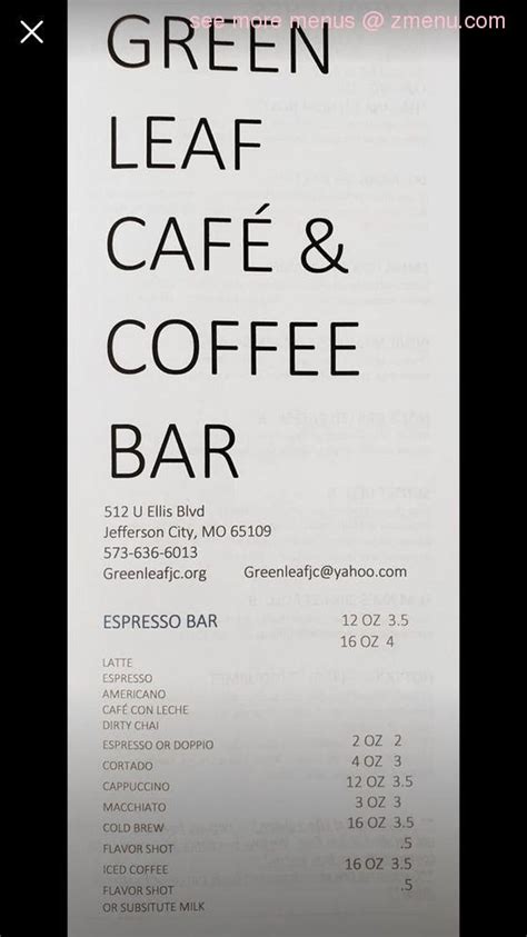 Online Menu of Green Leaf Cafe and Coffee Bar Restaurant, Jefferson ...