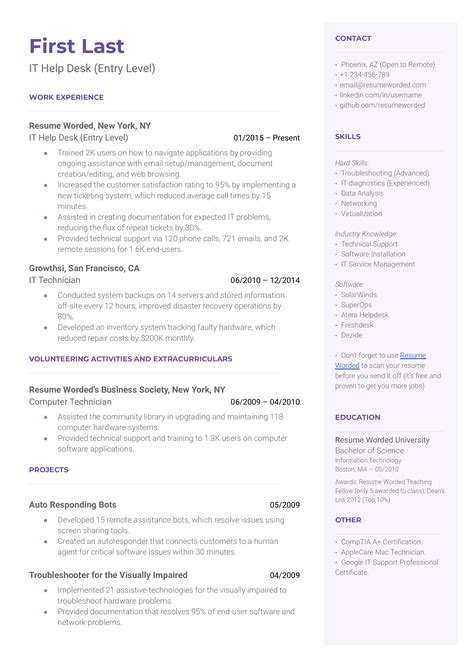 entry level it help desk resume sample