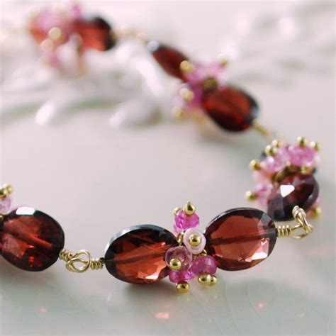 Pink and Red Garnet Bracelet, Bridal Jewelry, Genuine Ruby Gemstone ...