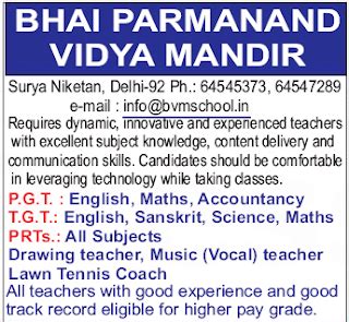 Bhai Parmanand Vidya Mandir, New Delhi Wanted PGT plus TGT plus PRT ...