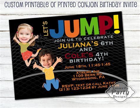 Jump Trampoline Custom Birthday Party Invite Invitation Two Kids Sibling Dual Twin Invite ...