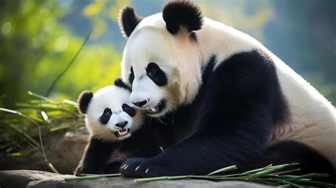 Premium AI Image | A panda bear and cub are playing together