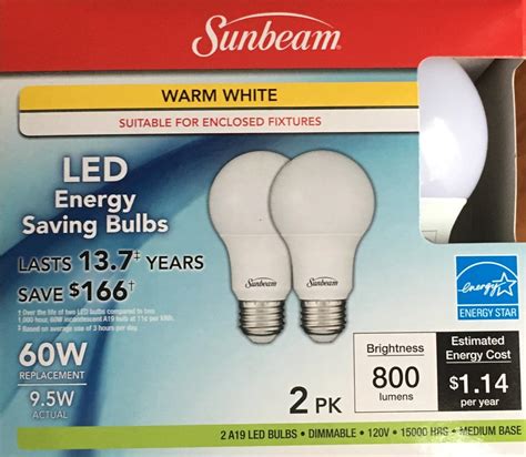 Sunbeam 60W LED DIMMABLE A19 Light 2 PACK, ENERGY STAR, 800 Lumens, 3000K WARM WHITE 9.5 Watt 60 ...