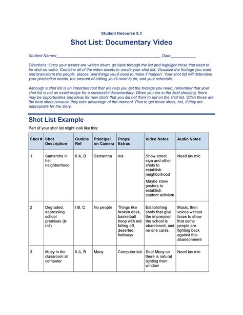 Shoot List Template