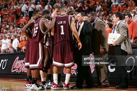 Texas A&M coach Billy Gillespie with team during game vs Texas, Rear ...